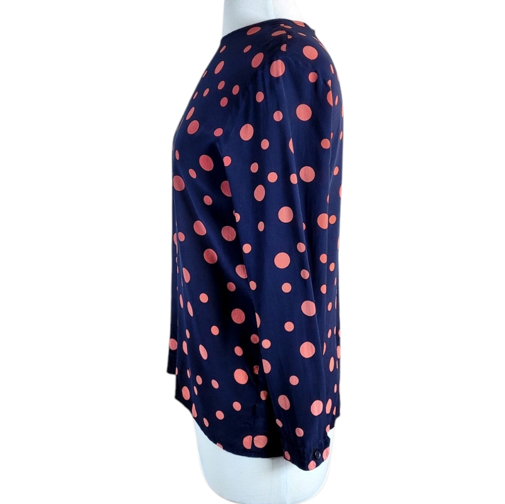 AKRIS Luxury Silk Crepe De Chine Button Back Navy Red Polka Dot Blouse Top 6 - Picture 3 of 12